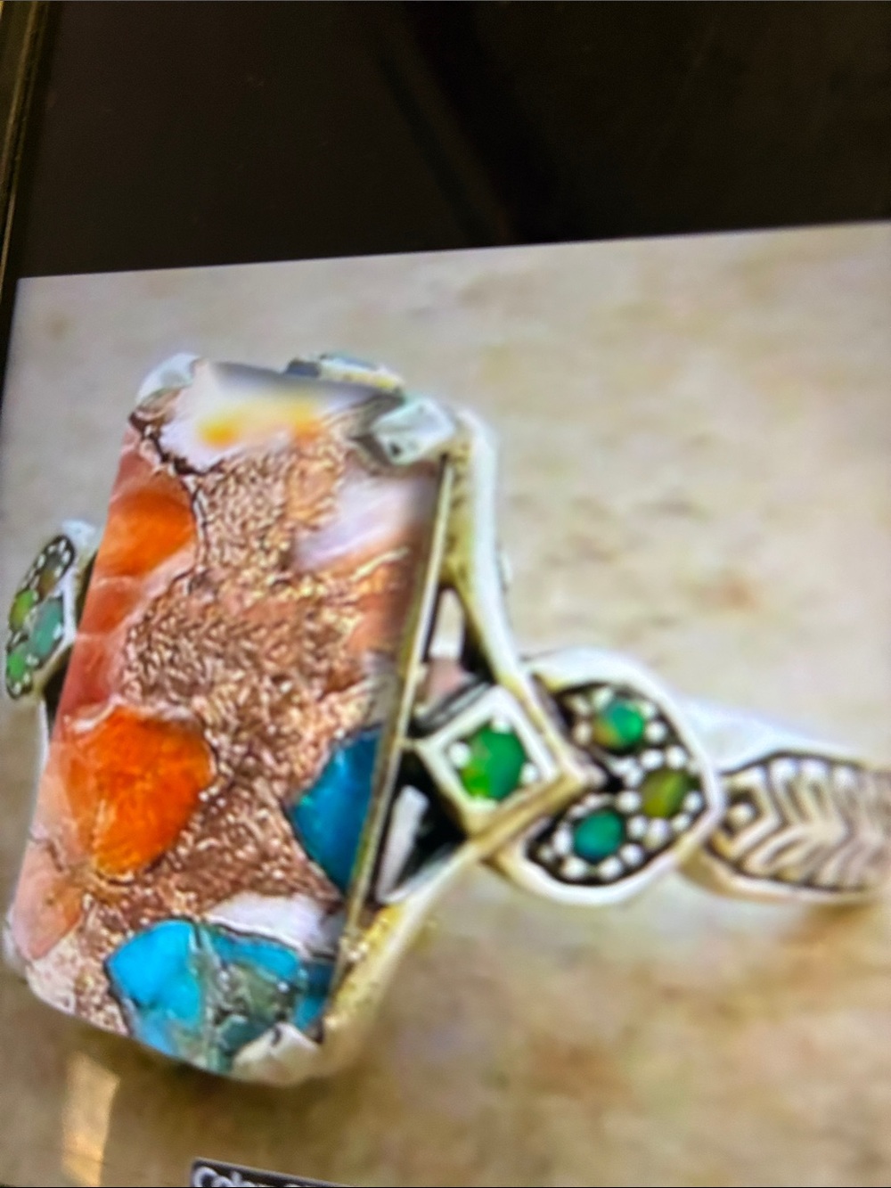 Sterling Silver Multicolor Inlay Statement Ring - Orange & Turquoise size 8